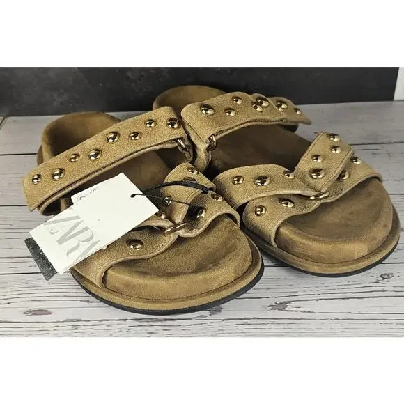 Zara | Shoes | Zara Studded Criss Cross Sandals Gold Tan  display picture 2